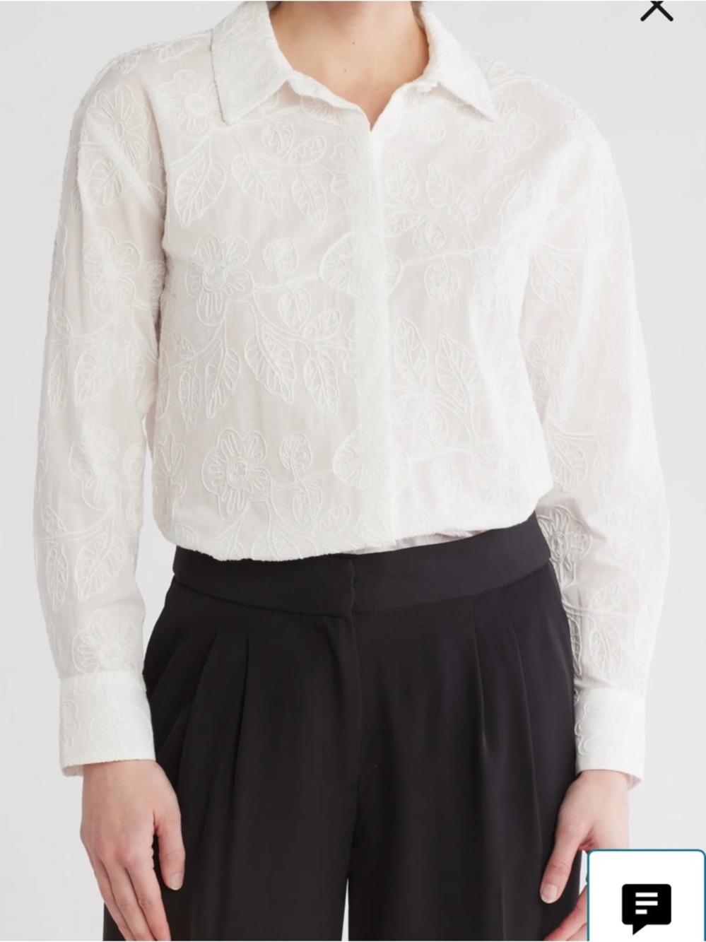T Tahari White Floral Embroidered Button-Down Shirt - Picture 2 of 7